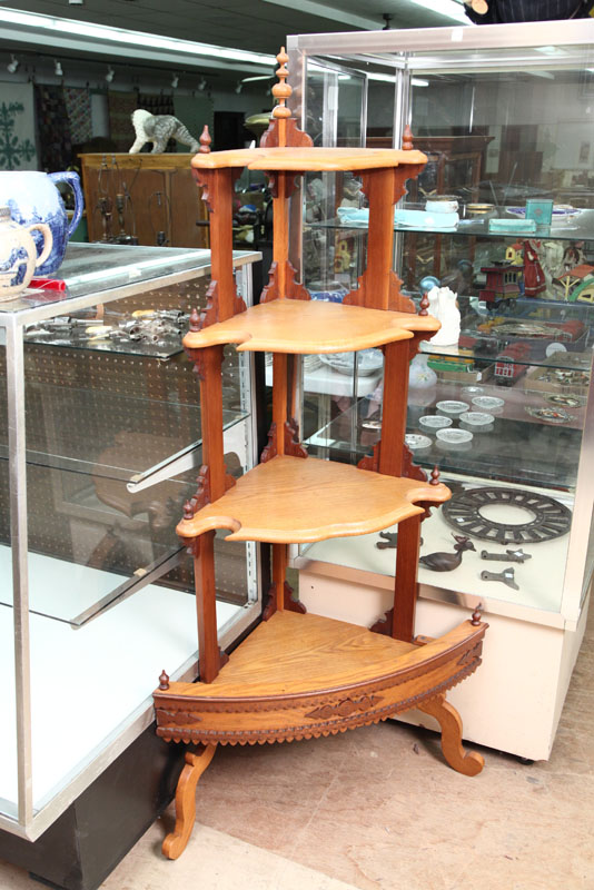 WHAT-NOT-SHELF. Four tiered oak and