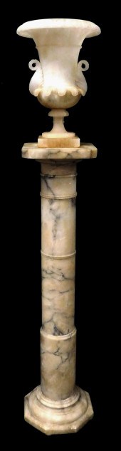 WHITE ALABASTER URN WITH PEDES