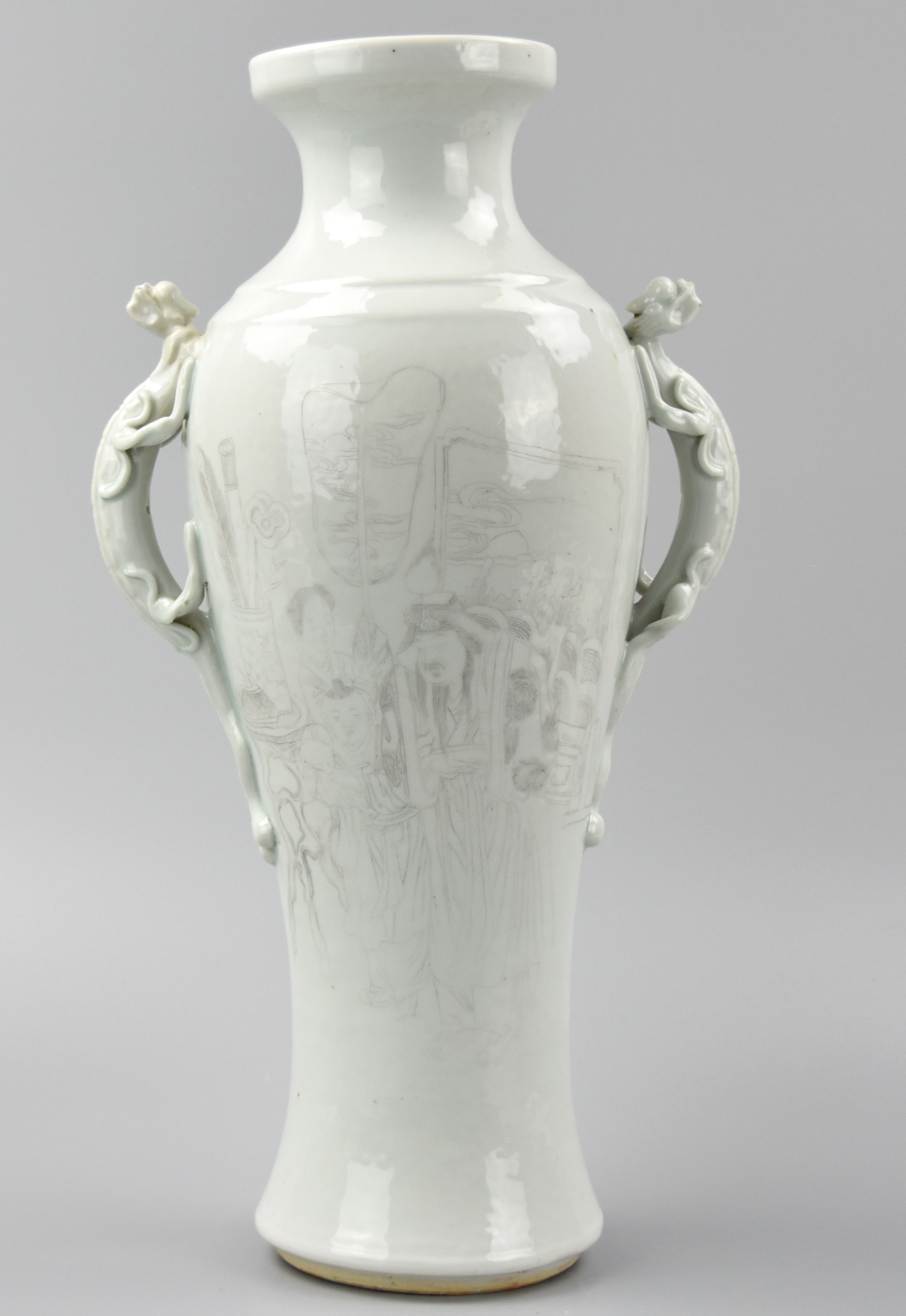 WHITE GLAZED ETCHED VASE W/