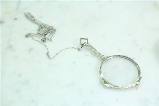 WHITE GOLD OPERA GLASSES AND CHAIN.