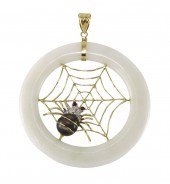 WHITE JADE & 14k GOLD SPIDER W