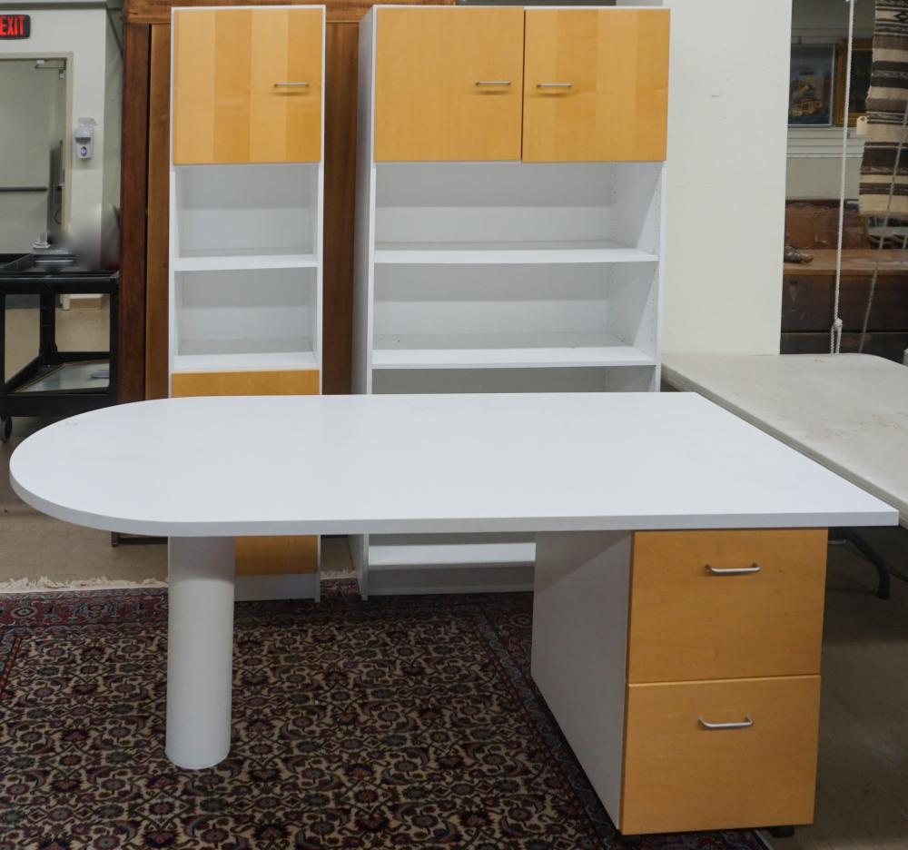 WHITE LAMINATE DESK AND TWO