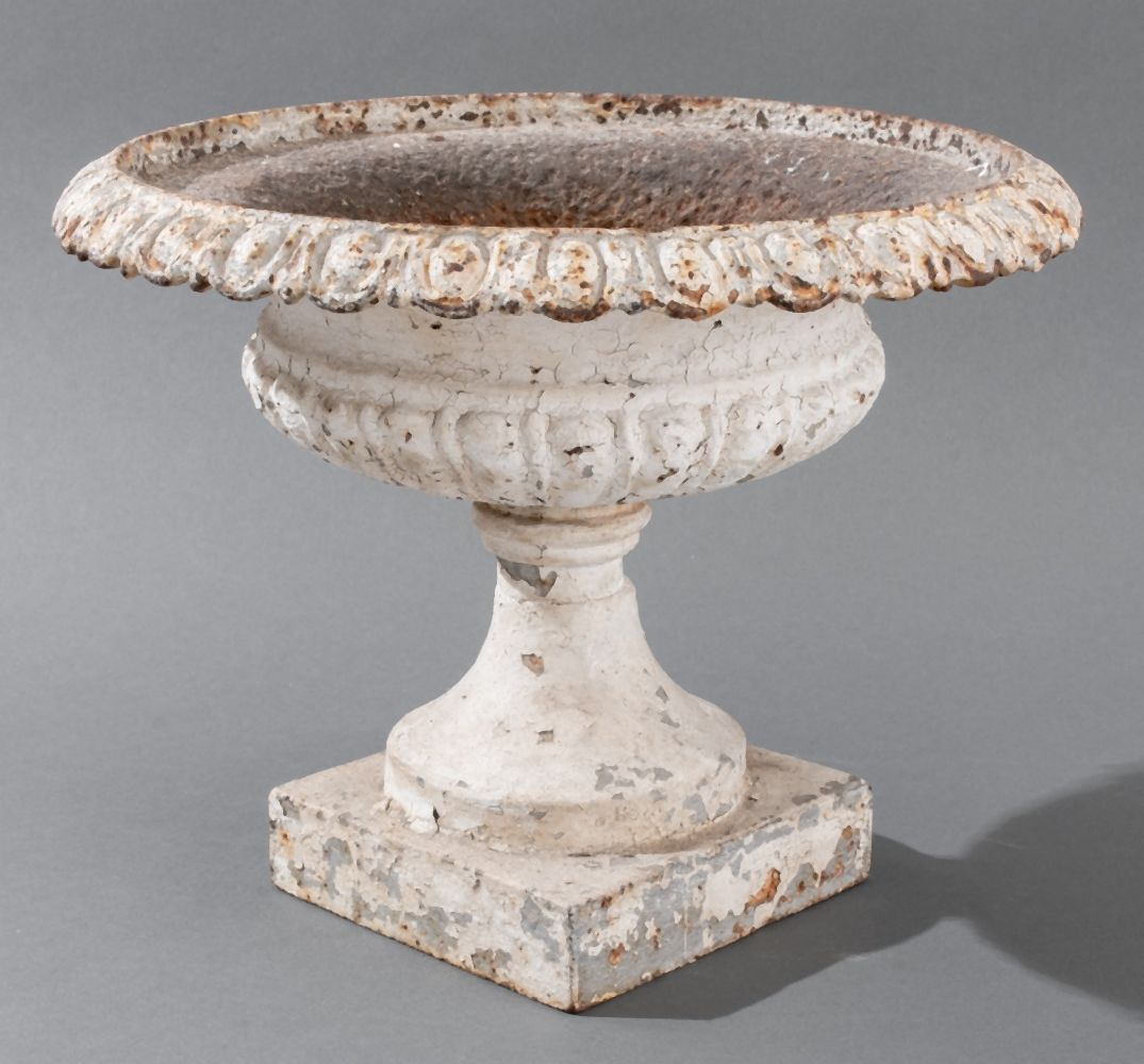 WHITE-PAINTED CAST IRON GARDEN URN,