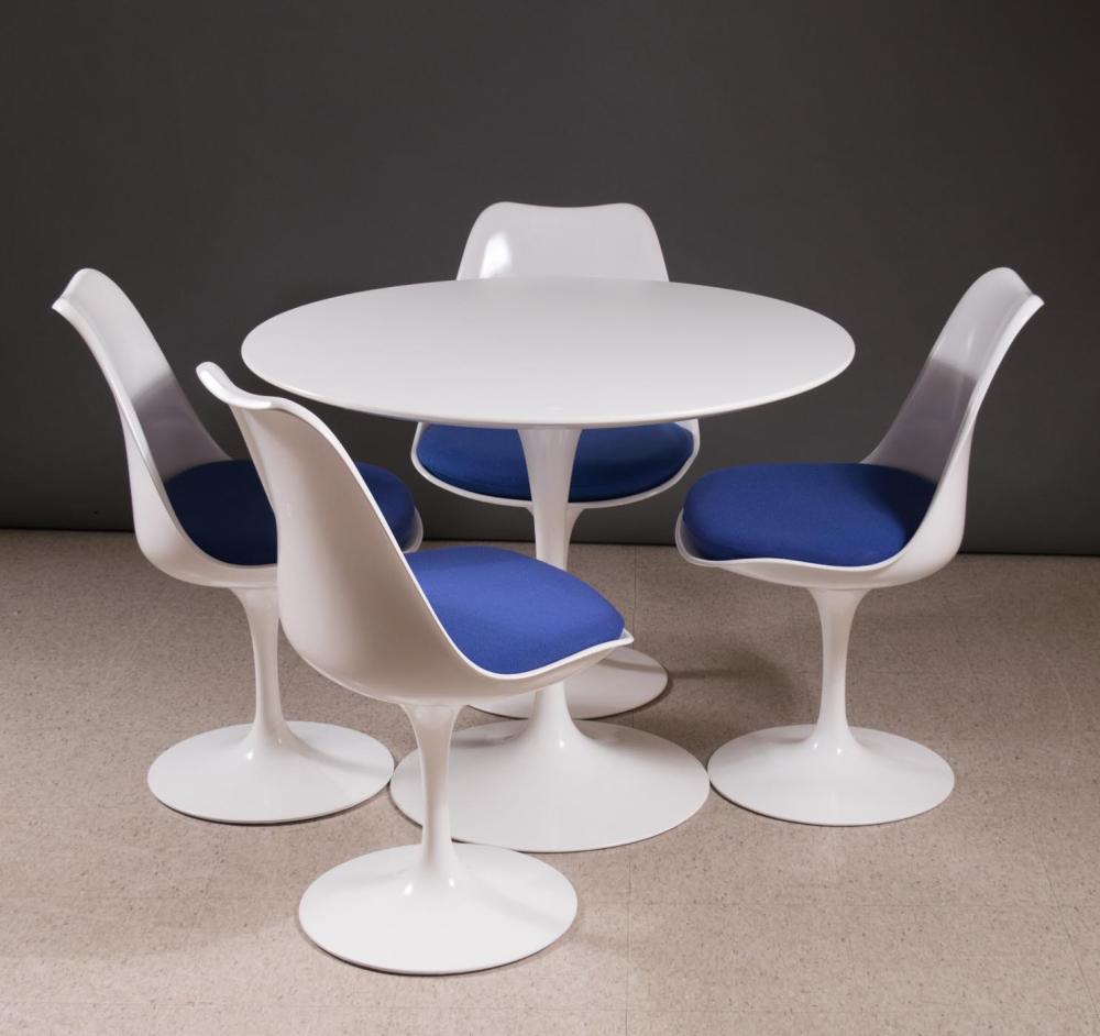 WHITE 'TULIP' DINING TABLE AND FOUR