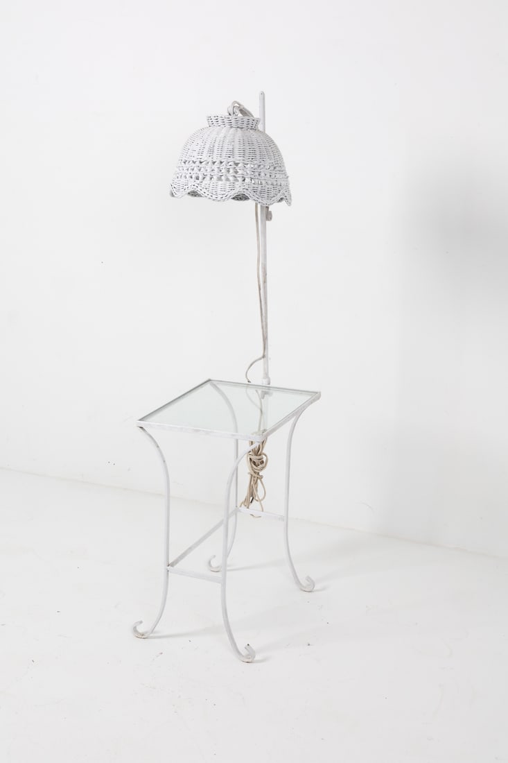 WHITE WICKER & GLASS LAMP TABLE