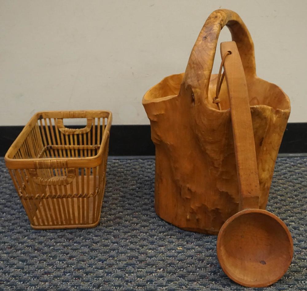 WICKER BASKET AND CARVED WOOD