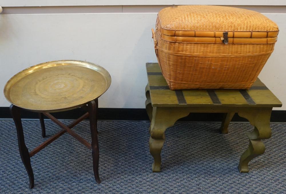 WICKER BASKET, BRASS TRAY ON
