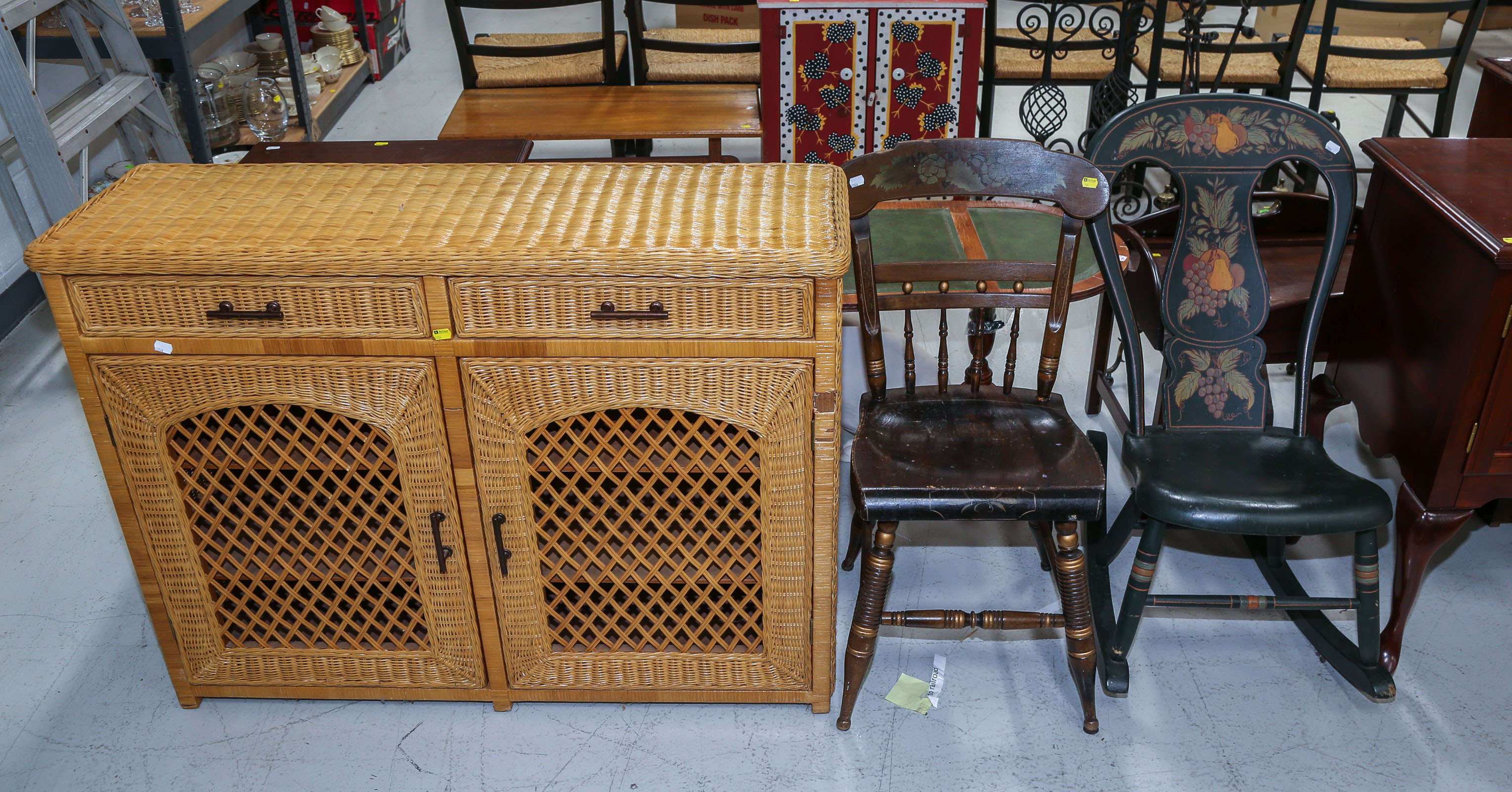 WICKER CABINET; ROCKING CHAIR &