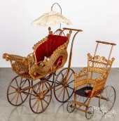 WICKER DOLL CARRIAGE AND BABY
