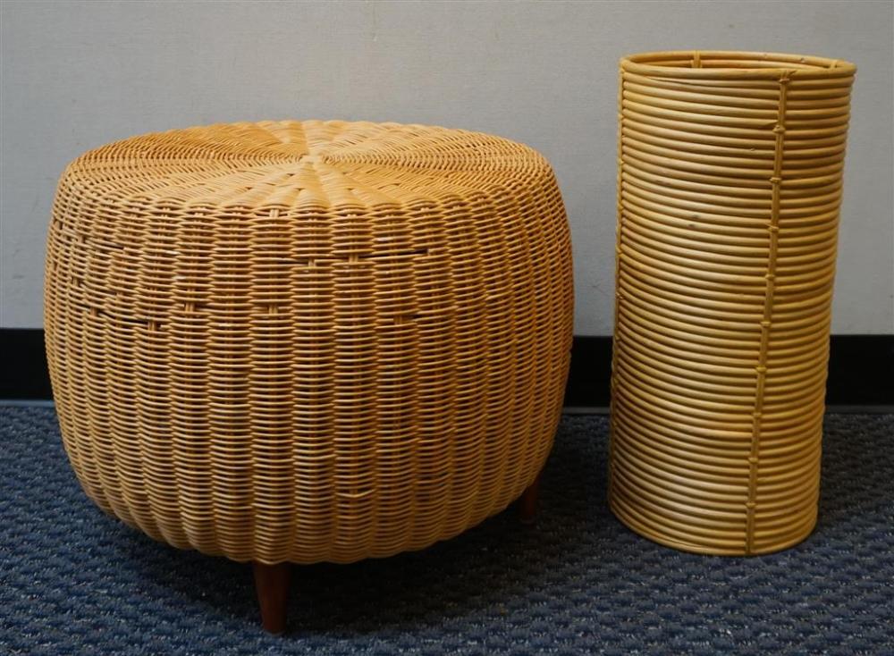 WICKER OTTOMAN AND AN UMBRELLA
