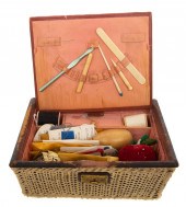 WICKER SEWING BASKET & IMPLEME