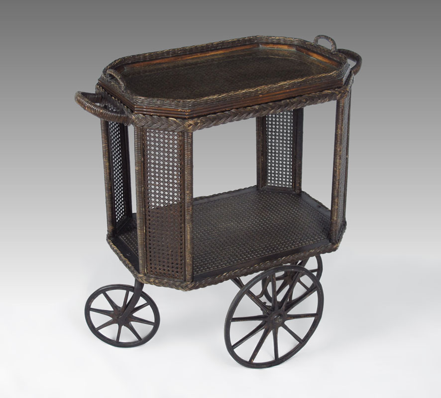WICKER TEA CART: Glass top on 4