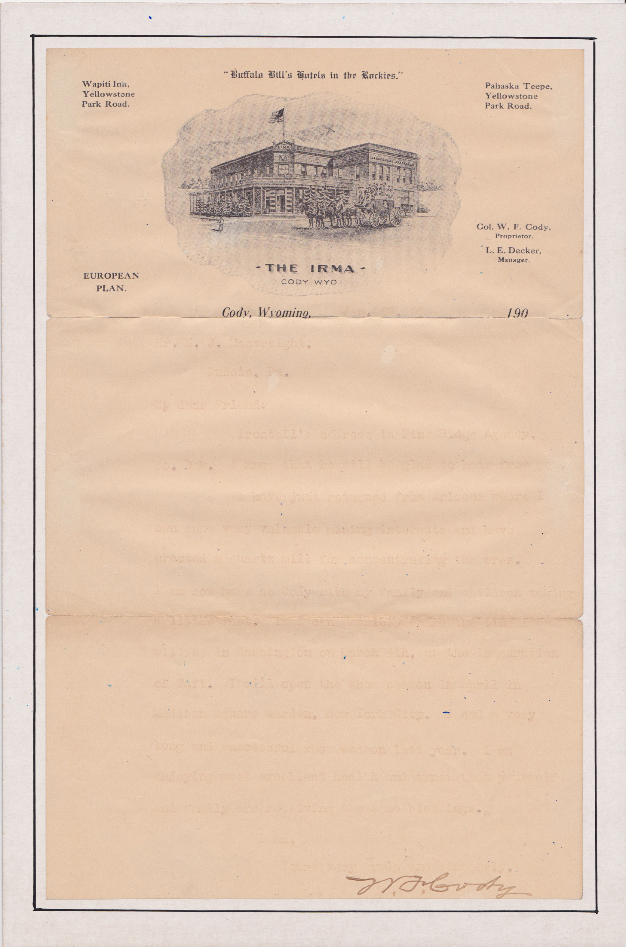 WILLIAM F. CODY SIGNED LETTER.