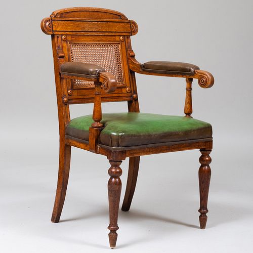WILLIAM IV OAK, CANED AND LEATHER