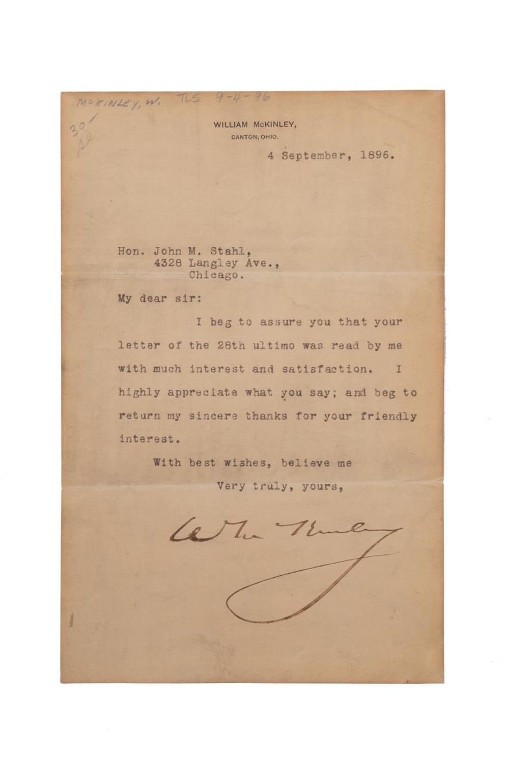WILLIAM MCKINLEY SIGNED LETTER TO