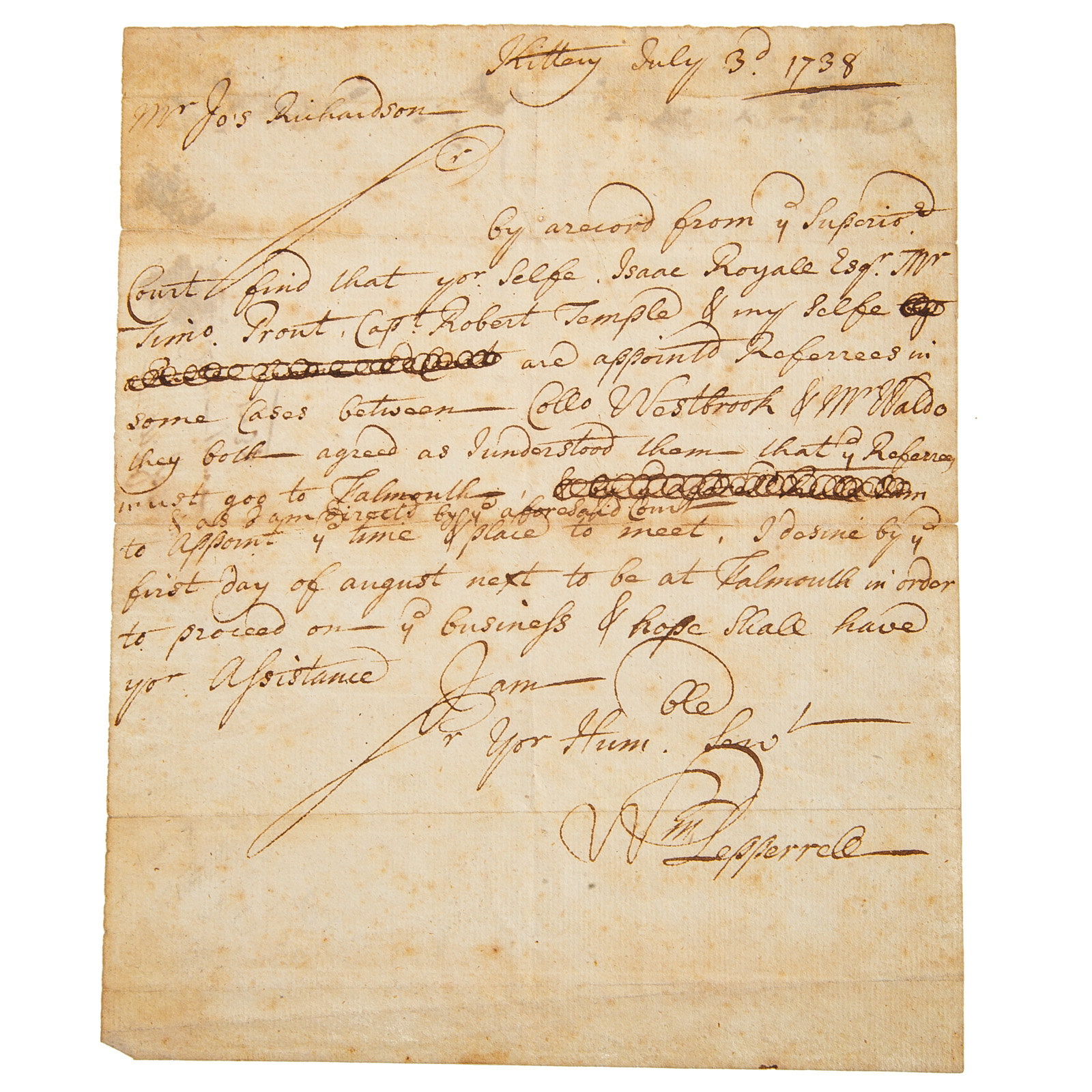 WILLIAM PEPPERELL, ALS, MAINE, 1738