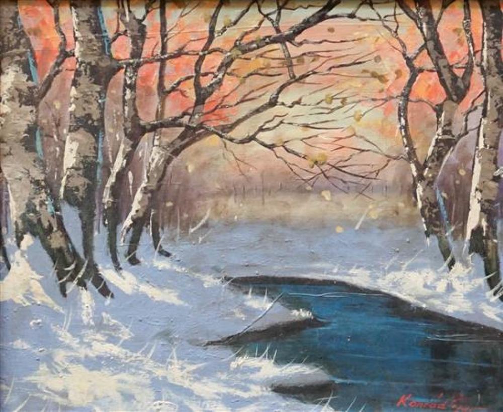 WINTER FOREST SCENE, OIL ON CANVAS,