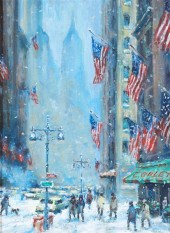 "Winter on Broadway" oil on bo