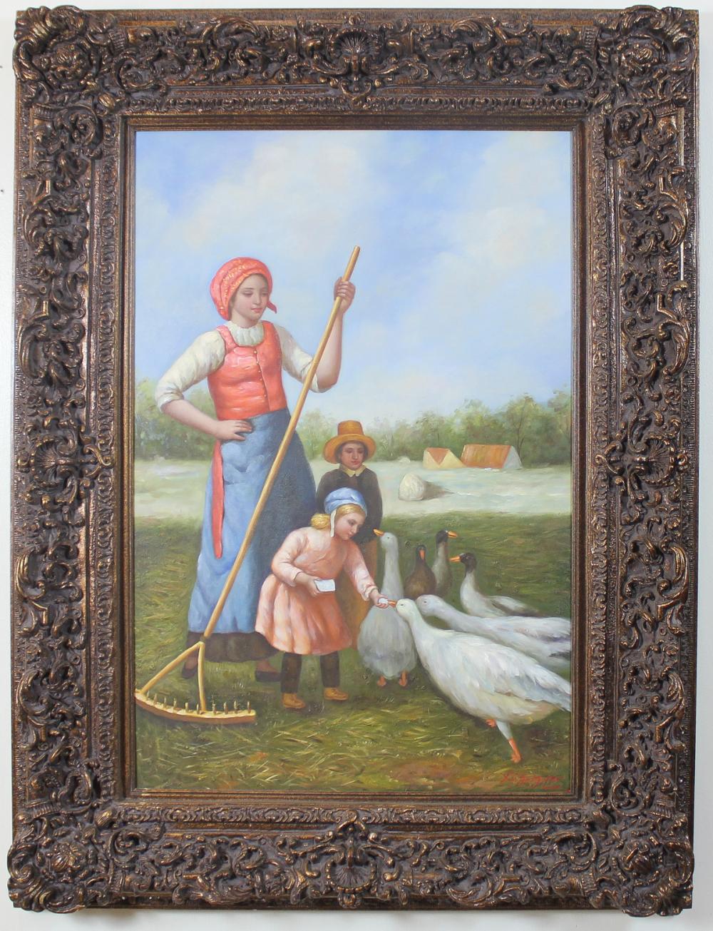 WOMAN AND CHILDREN FEEDING GEESE,