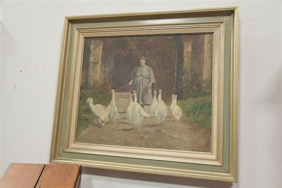 WOMAN WITH GEESE PAINTING. Oil on