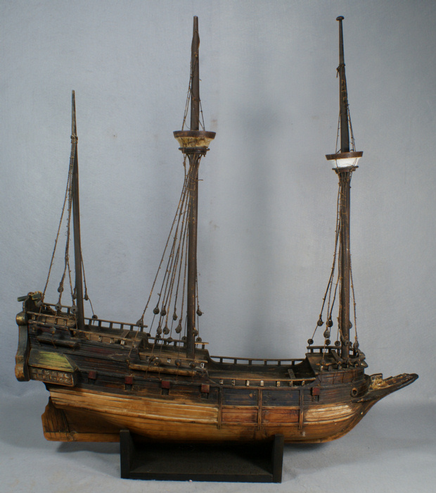 Wood 3 masted ship model, sails and