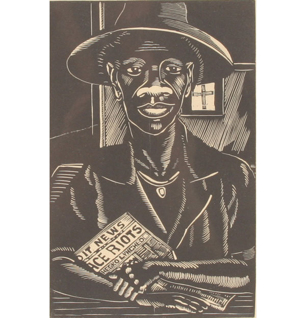 Wood block print, "Lynching", 1939;