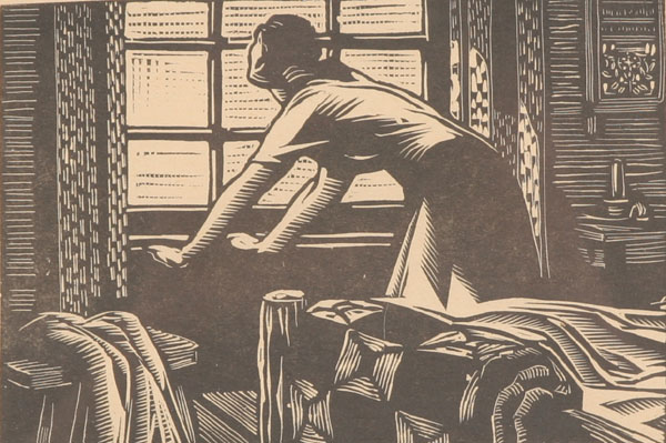 Wood block print, "Waiting", rustic