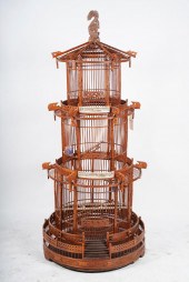WOOD CARVED BIRDCAGEwith porce