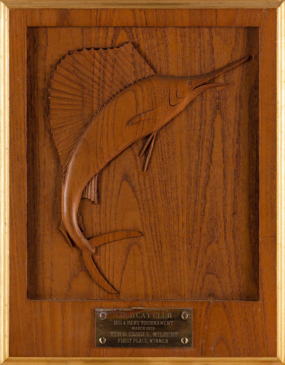 WOOD CARVING BAS RELIEF SWORDFISH
