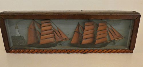 WOOD DIORAMA OF SHIPS 1918Antique