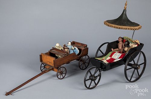 WOOD DOLL WAGON, WITH CAST IRON