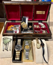 Wood jewelry box and contents,