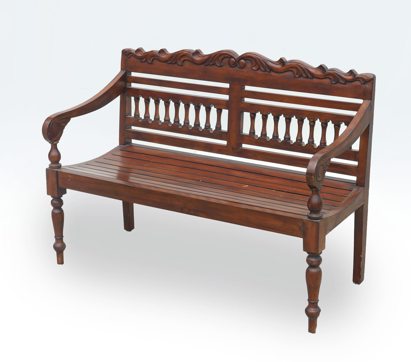 WOODEN BENCH: Carved scrolling