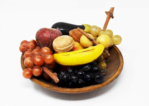 WOODEN BOWL OF STONE FRUITWooden