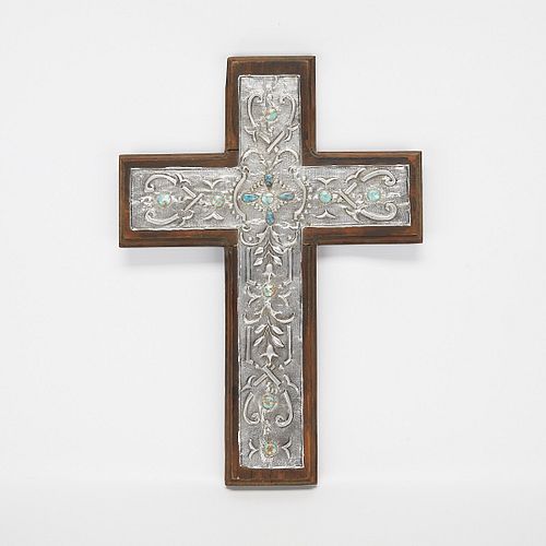 WOODEN CROSS WITH SILVER &
