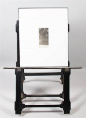 WOODEN EASEL WITH FRAMED ABSTR