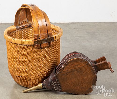 WOODEN FIREPLACE BELLOWS AND A RICE