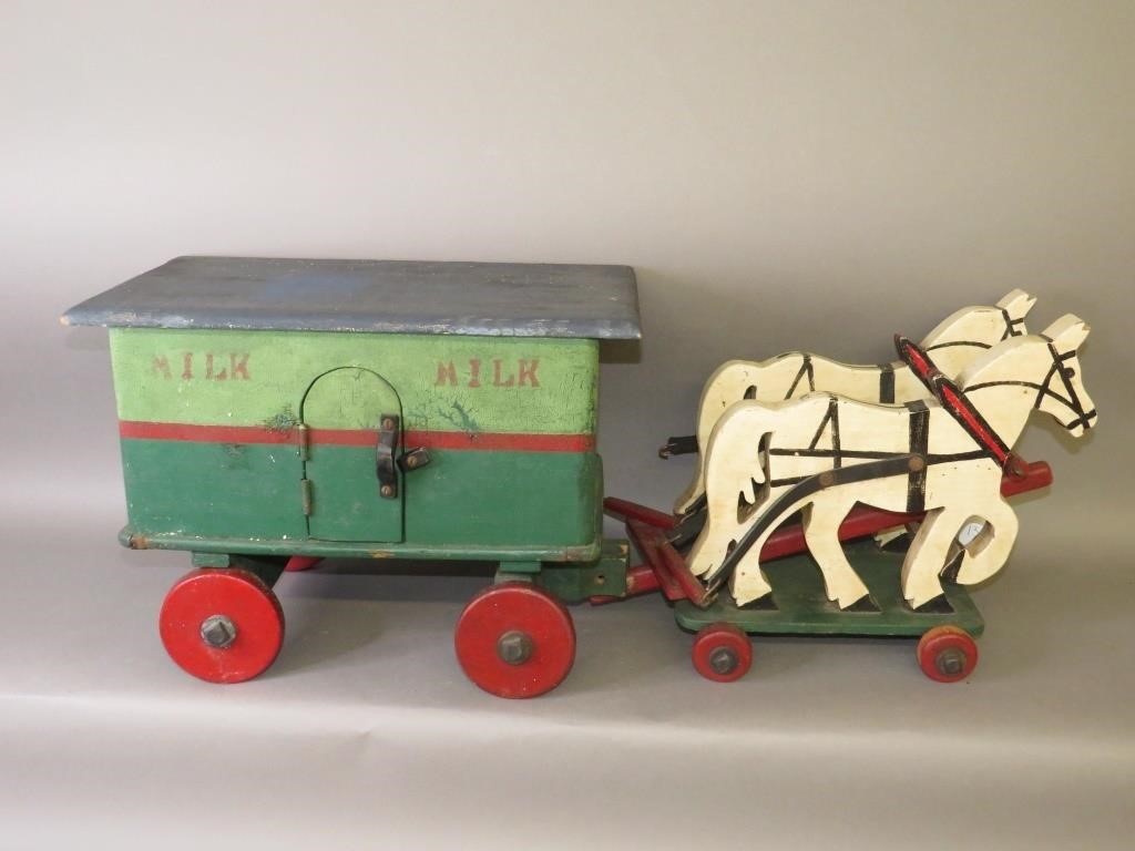 WOODEN PULL TOY MILK WAGON &