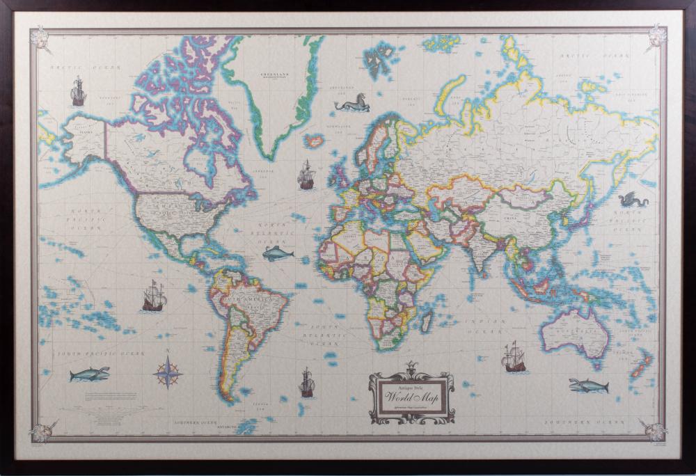 WORLD MAP, ANTIQUE STYLE FRAMED: 37