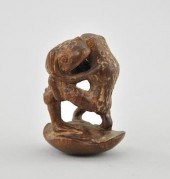 Wrestling Frogs Wood Netsuke D