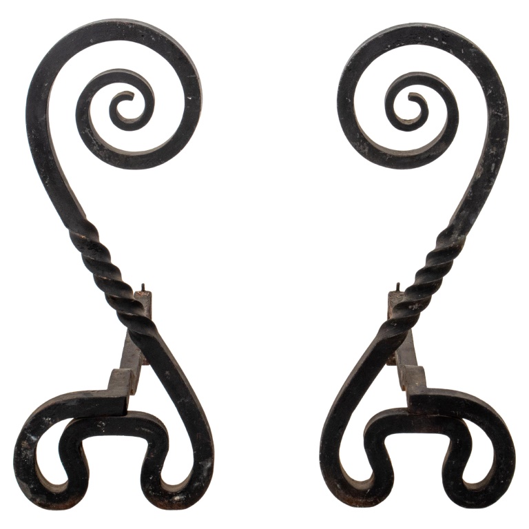 WROUGHT IRON ANDIRONS, PAIR Wrought