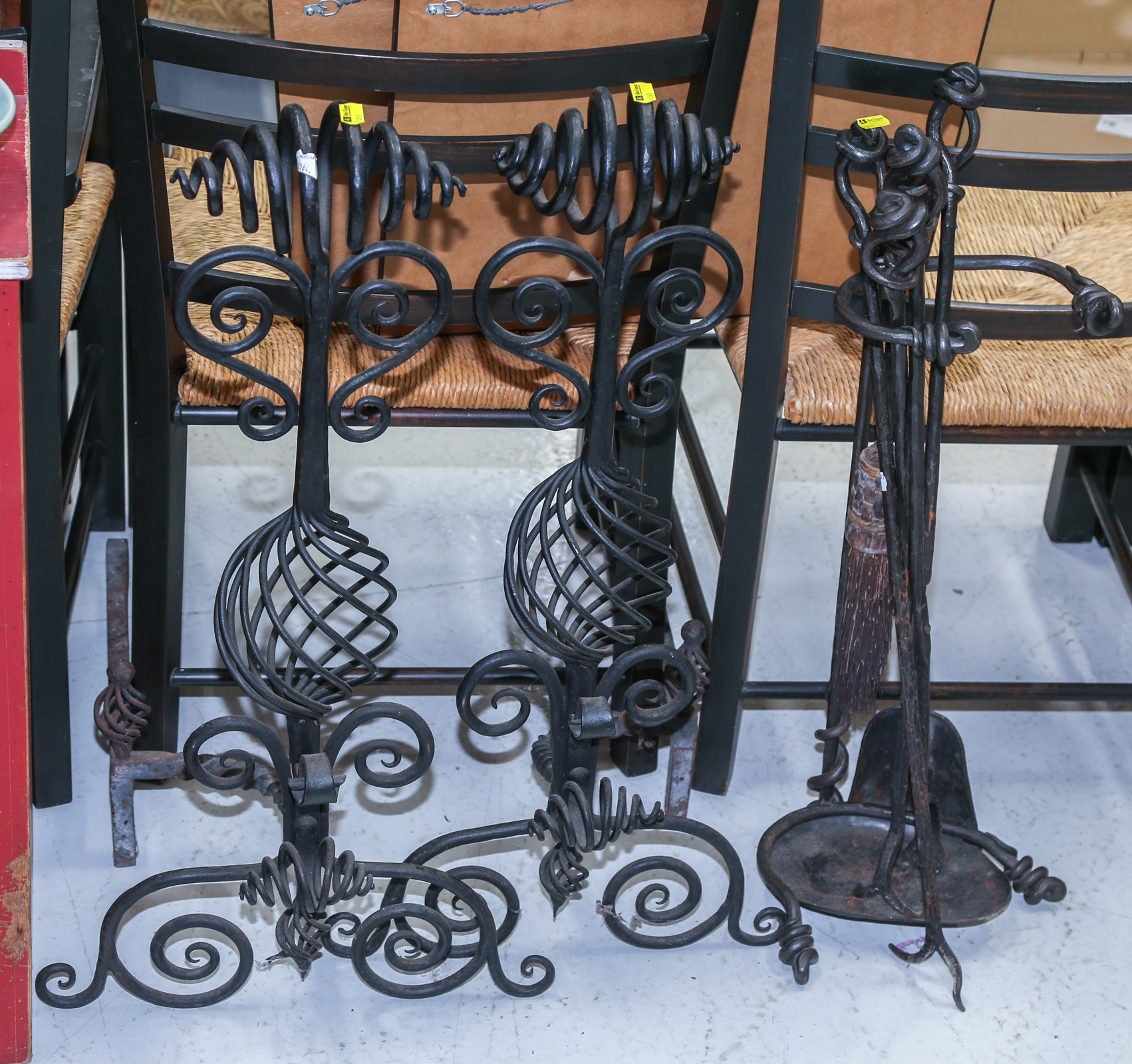 WROUGHT IRON ANDIRONS & TOOL SET