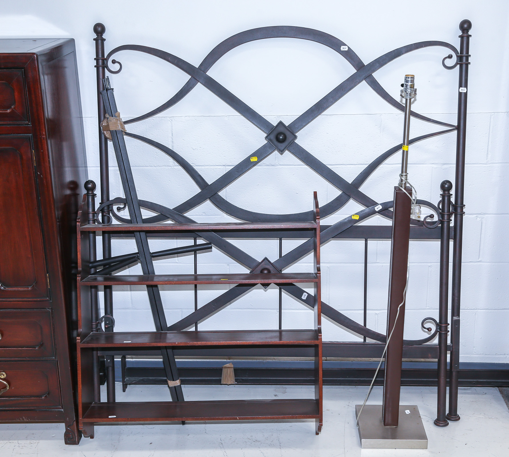 WROUGHT IRON BED; CURIO RACK; FLOOR
