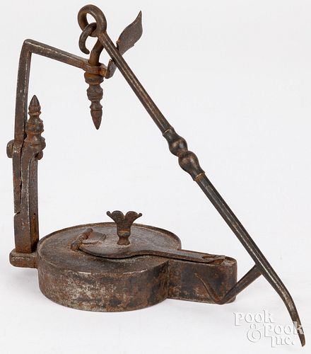 WROUGHT IRON FAT LAMP, 19TH