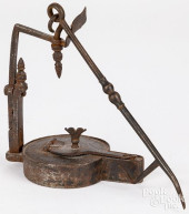 WROUGHT IRON FAT LAMP, 19TH C.