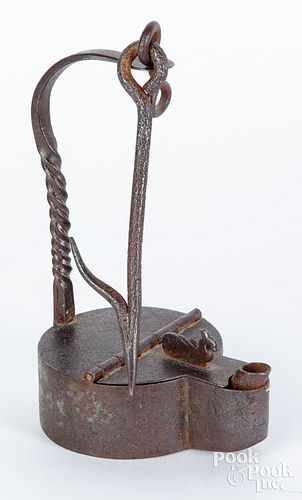 WROUGHT IRON FAT LAMP, 19TH
