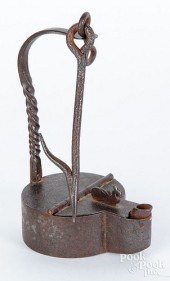 WROUGHT IRON FAT LAMP, 19TH C.