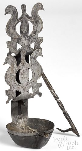 WROUGHT IRON FAT LAMP, 19TH