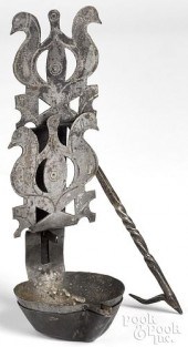 WROUGHT IRON FAT LAMP, 19TH C.