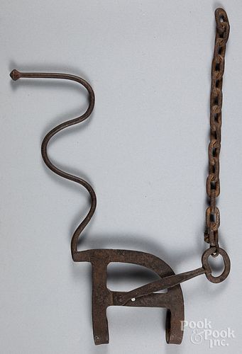 WROUGHT IRON KETTLE TILTER, CA.